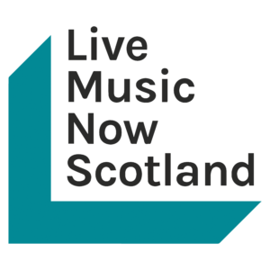 A Teal and Black logo with the words Live Music Now Scotland