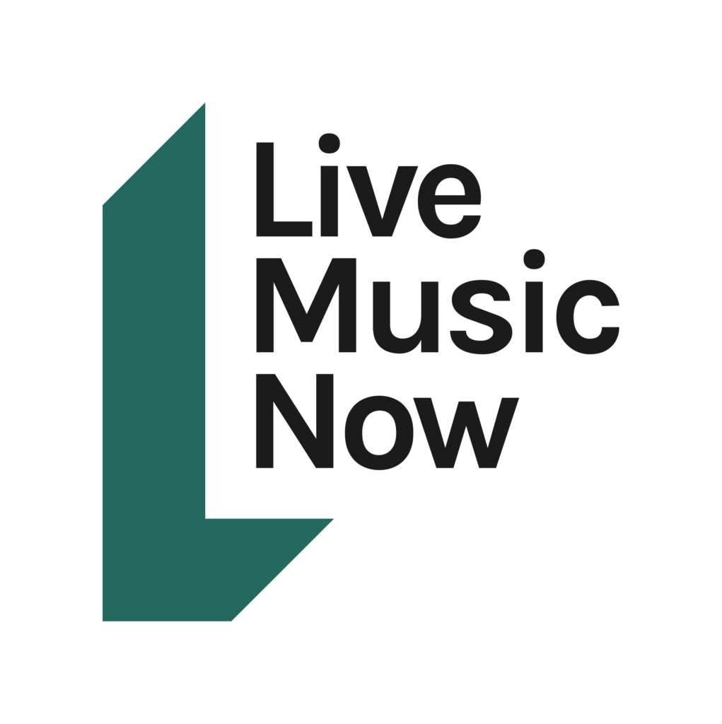 A black and green logo for Live Music Now