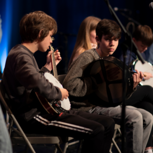Two young musicians performing at Roe Valley Arts and Cultural Centre, Limavady.